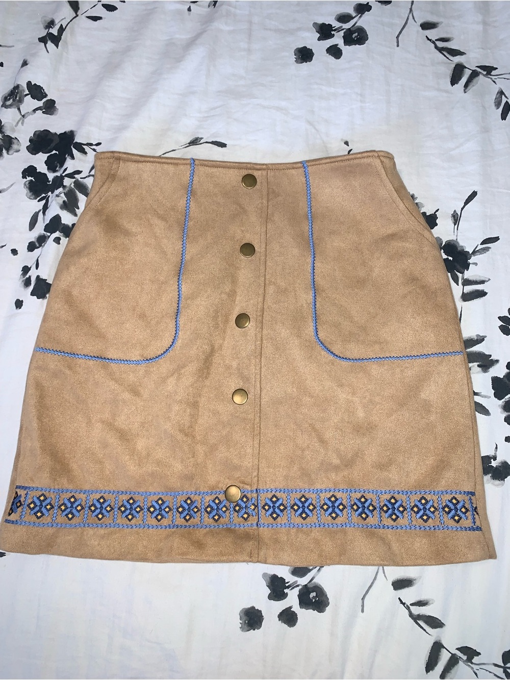 Joy Joy Tan Suede Mini Skirt with Blue Embroidery